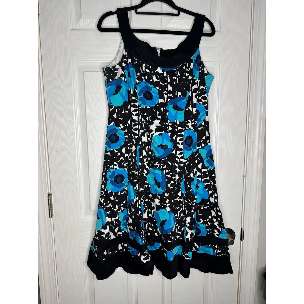 JONES WEAR DRESS Fit And Flare Y2K Black White‎ Blue Floral Tank Dress Size 10
